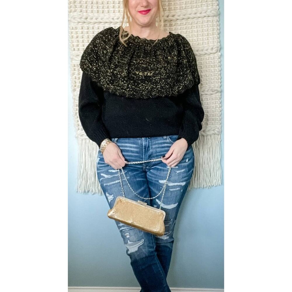 Adele vintage 80s ruffle neck gold metallic & black knit sweater size large L - Picture 6 of 7